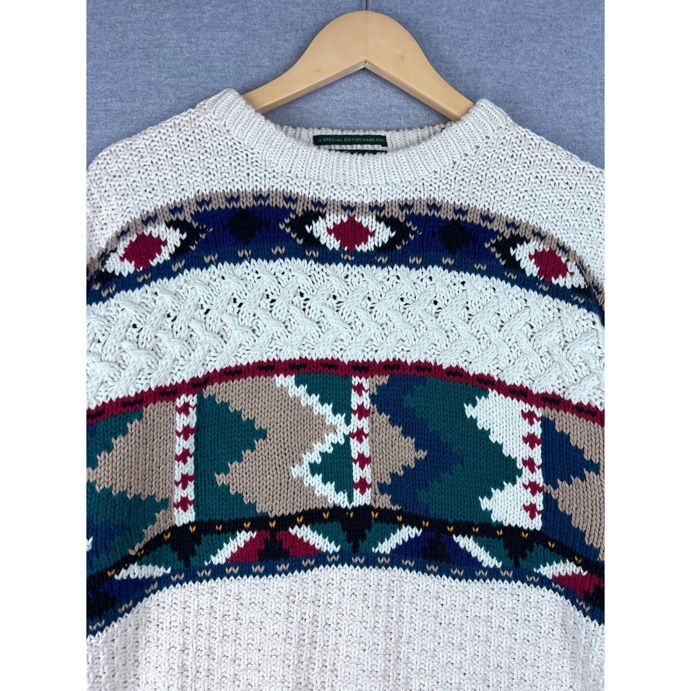 Embassy Row Hand Knit Sweater Mens Large Cotton Southwestern Cable Knit Aztec‎